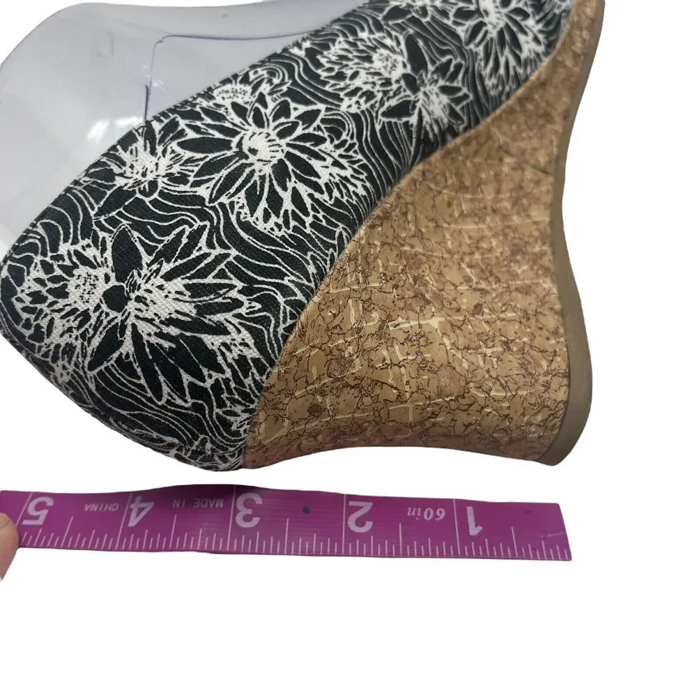 DexFlex Comfort Shoes 8W Espadrille Black White‎ Floral Cork Wedge Heel Peep Toe